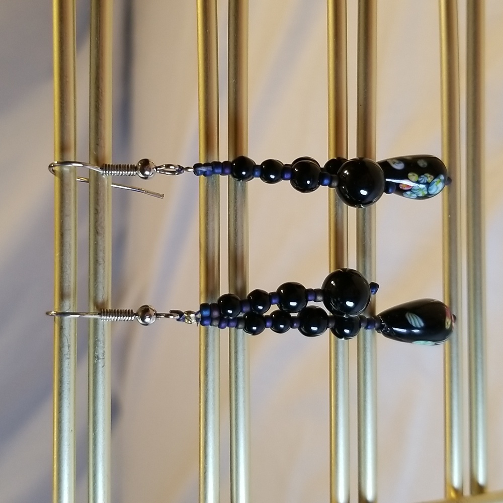 Black Beaded Fish Hook Style Earrings